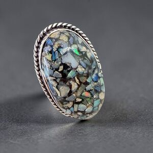 Ethiopian Opal Chip Inlay 925 Silver Plated Ring